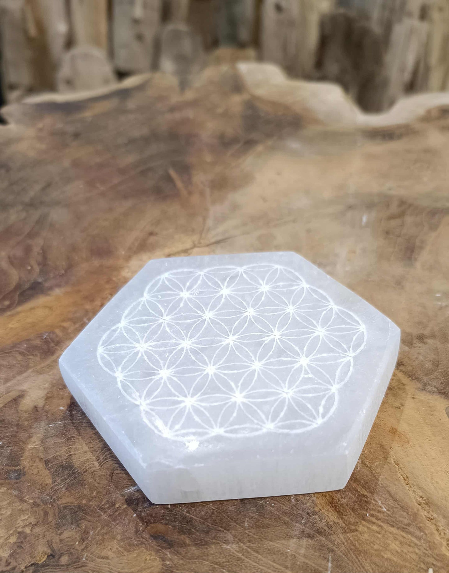 Fleur de Vie en Sélénite – Plateau de rechargement hexagonal