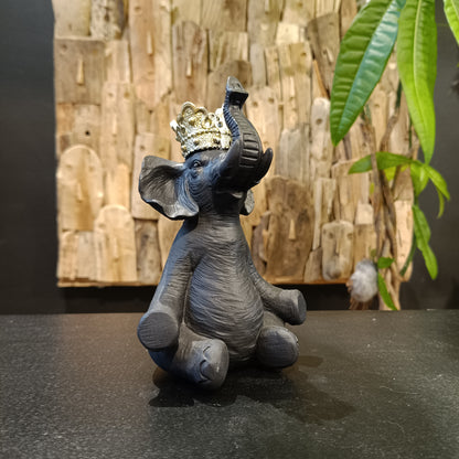 Éléphant Couronné en Résine Noire – Symbole de Sagesse & Royauté