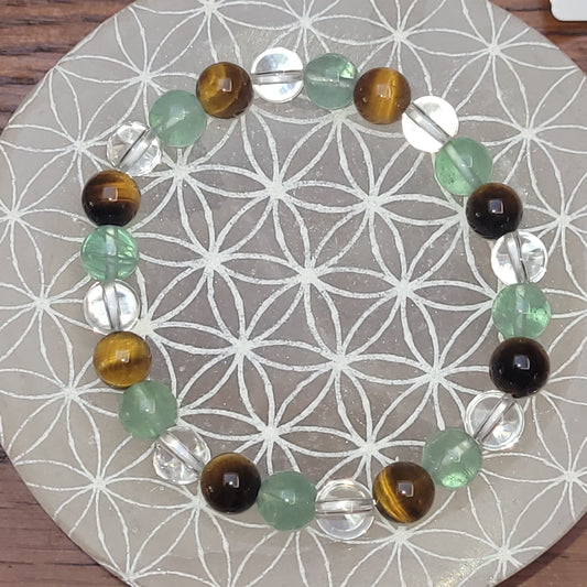 Œil de Tigre, Fluorite Verte & Cristal de Roche – Bracelet en pierres naturelles