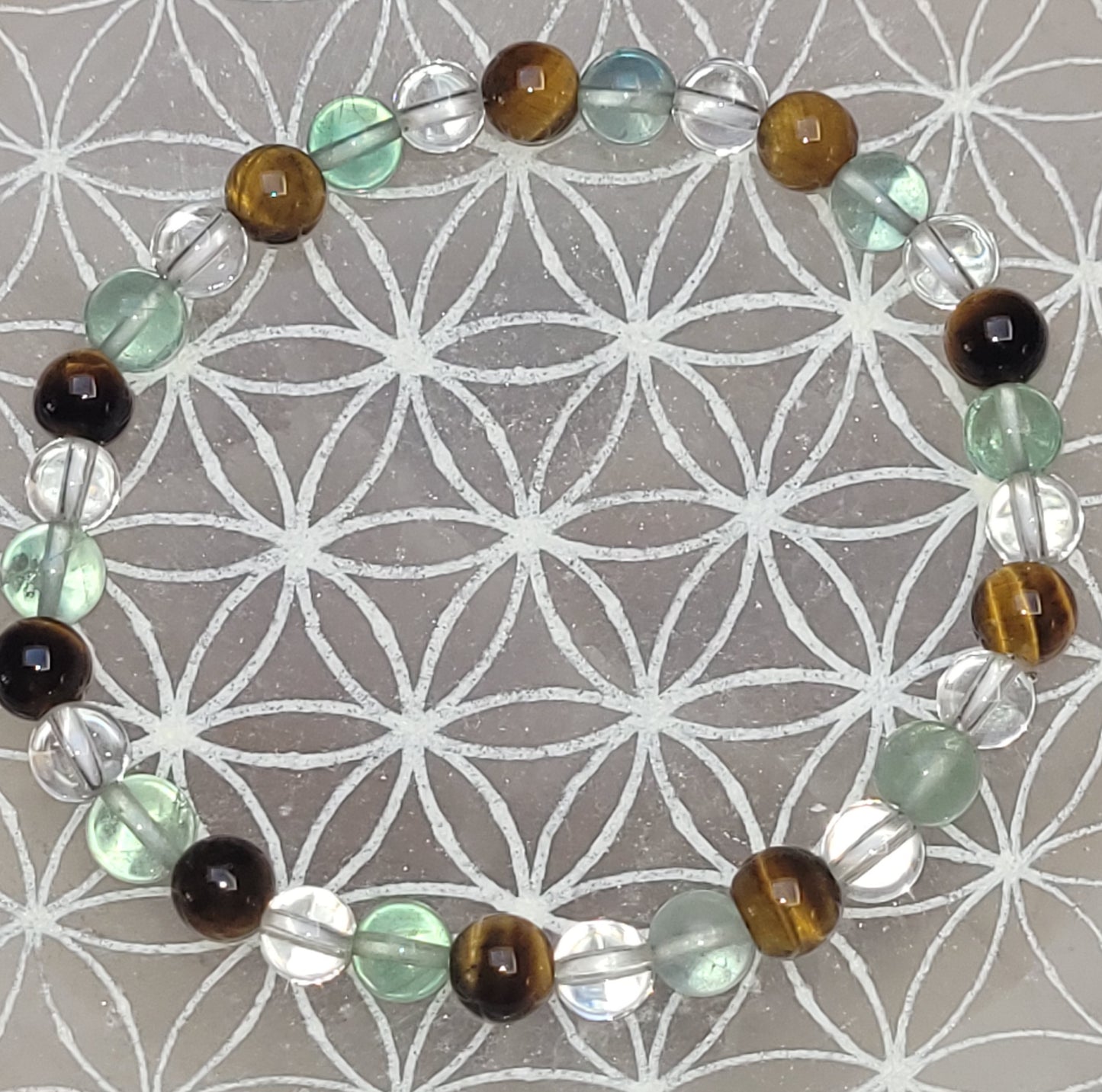 Œil de Tigre, Fluorite Verte & Cristal de Roche – Bracelet en pierres naturelles