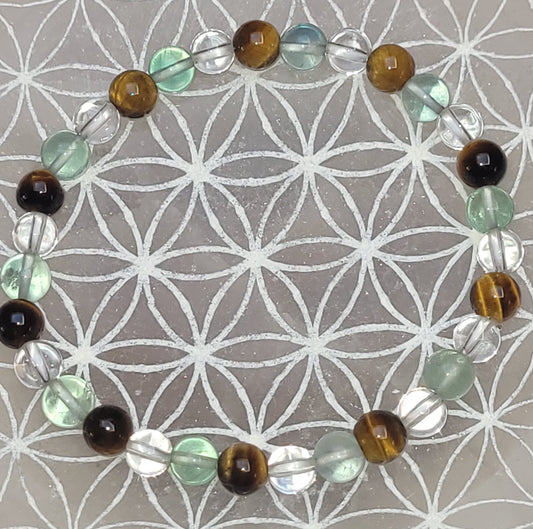 Œil de Tigre, Fluorite Verte & Cristal de Roche – Bracelet en pierres naturelles