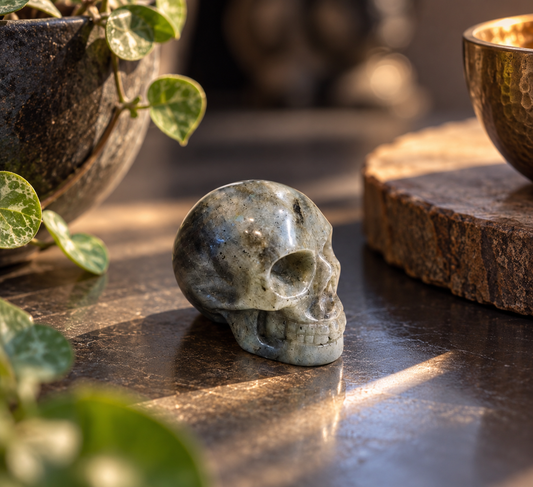 Crâne en Labradorite – Sculpture en pierre naturelle
