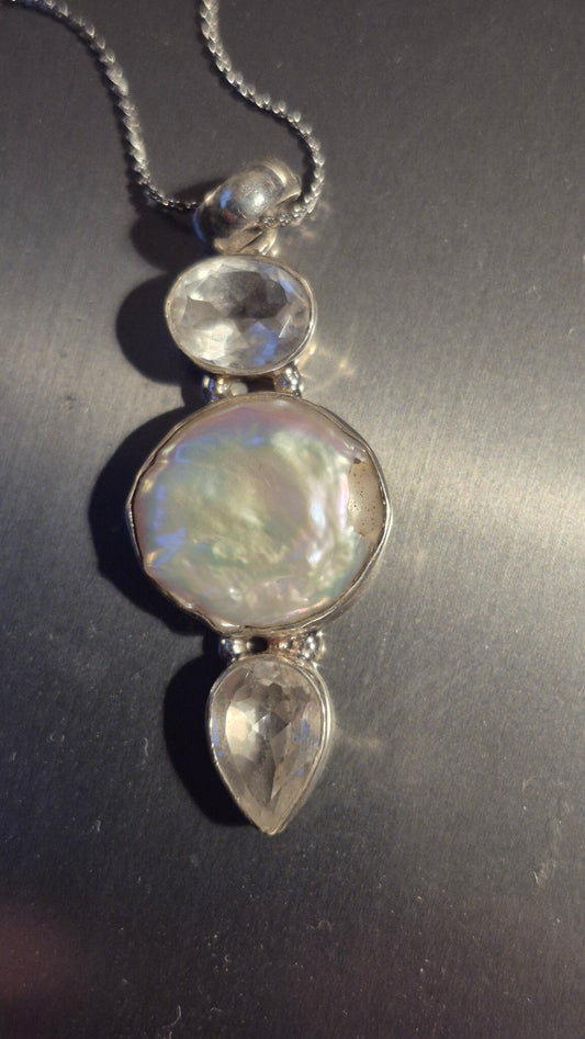 Pendentif Cristal de Roche, Citrine & Nacre – Bijou en argent