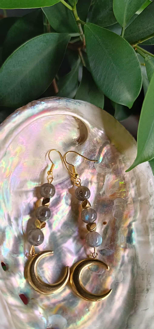 Boucles d’oreilles Labradorite et Lune dorée – Bijou énergétique 8 mm