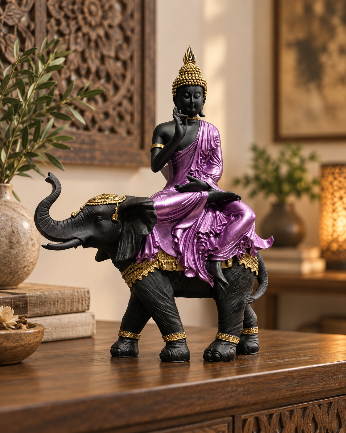 Statue Bouddha sur Éléphant – Décoration spirituelle J-Line