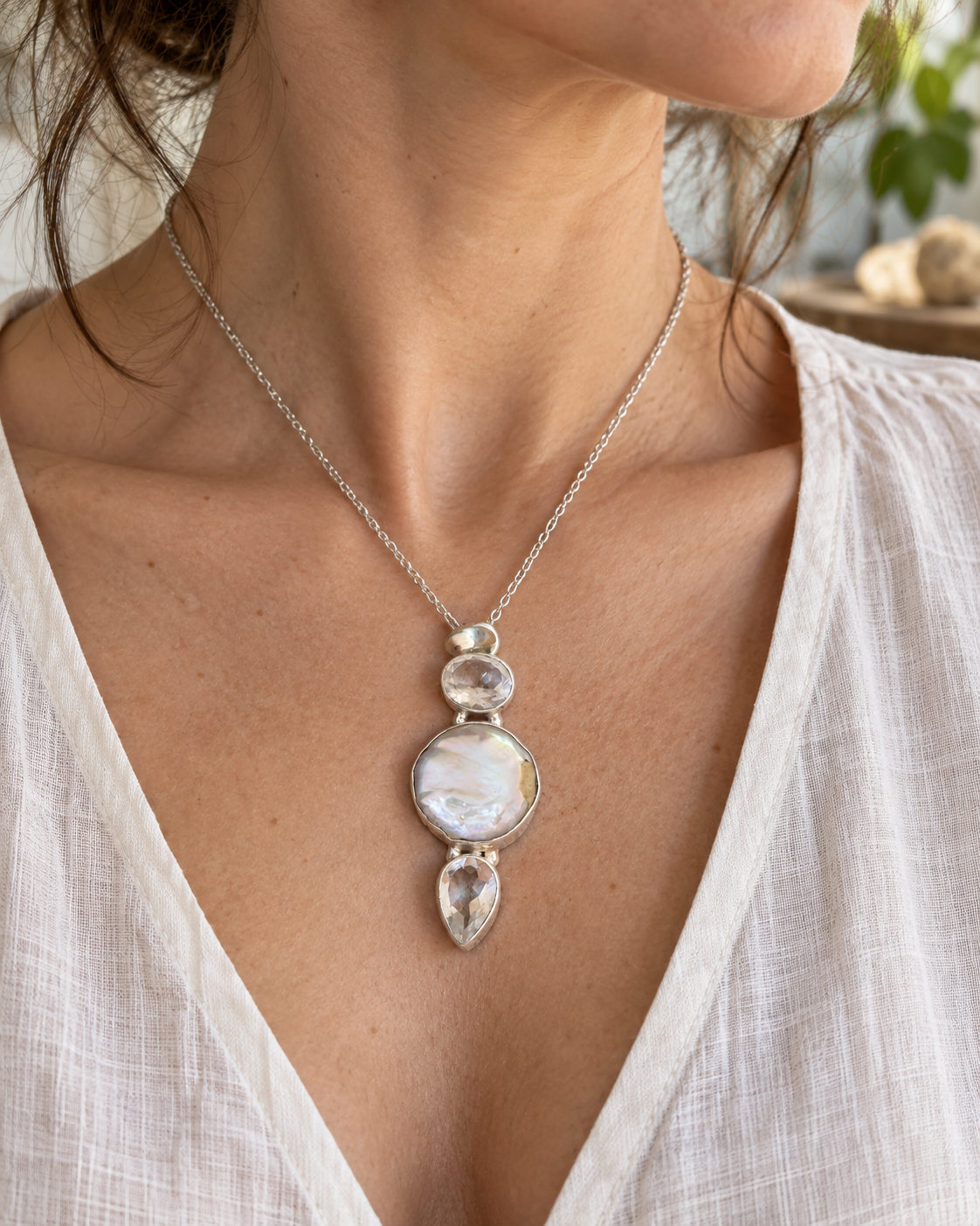 Pendentif Cristal de Roche, Citrine & Nacre – Bijou en argent