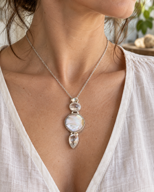Pendentif Cristal de Roche, Citrine & Nacre – Bijou en argent
