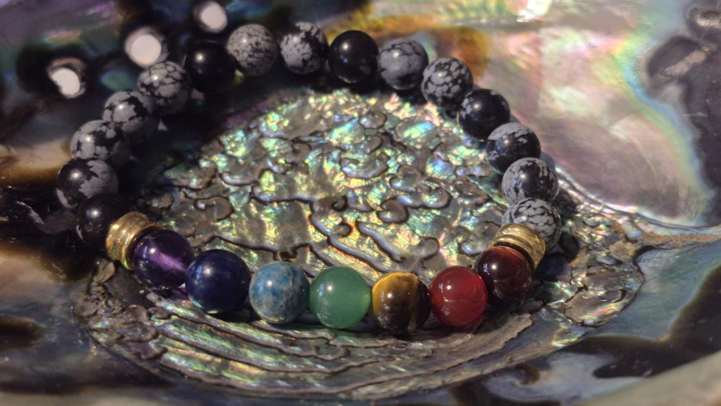 Bracelet Obsidienne Flocon de Neige & Chakras – Bracelet énergétique (8 mm)
