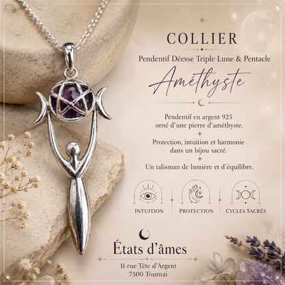 Pendentif Déesse Triple Lune & Pentacle – Améthyste – Bijou en argent 925