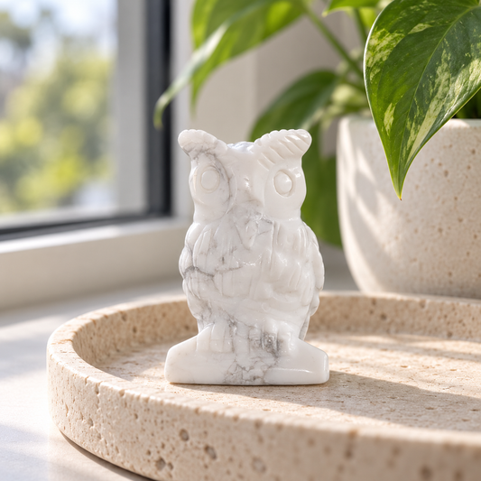 Chouette en Howlite – Sculpture en pierre naturelle