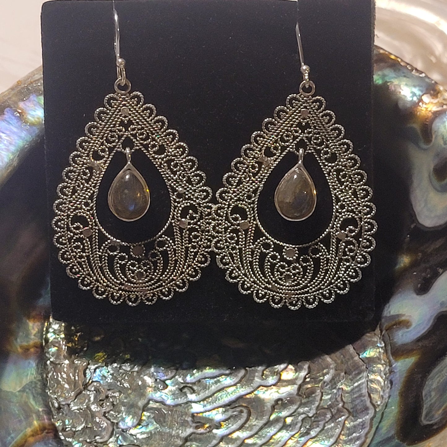 Boucles d’oreilles Labradorite – Argent 925 ajouré