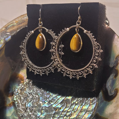 Boucles d’oreilles Œil de Tigre – Argent 925 ajouré