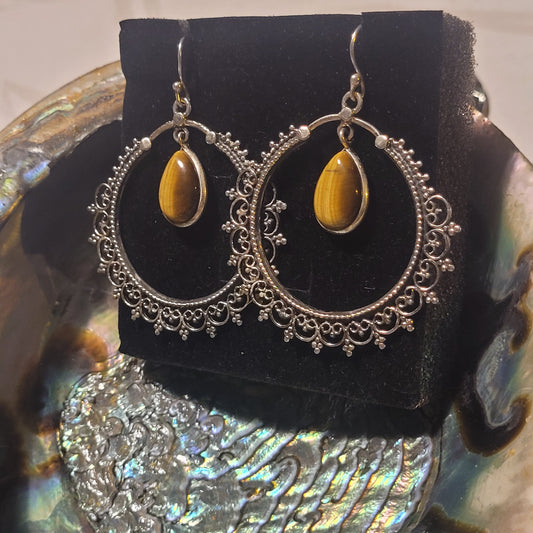 Boucles d’oreilles Œil de Tigre – Argent 925 ajouré