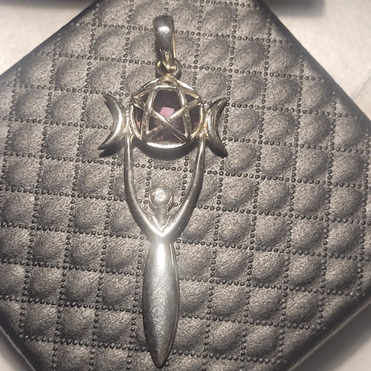 Pendentif Déesse Triple Lune & Pentacle – Améthyste – Bijou en argent 925
