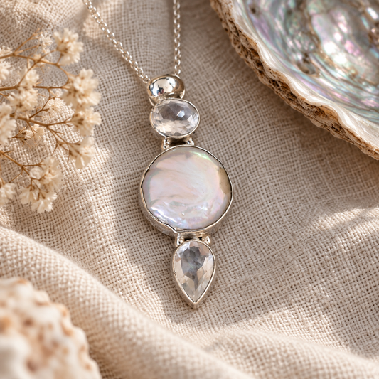 Pendentif Cristal de Roche, Citrine & Nacre – Bijou en argent